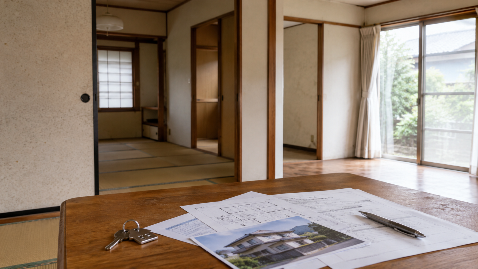 相続した空き家を賃貸に出す前の検討資料と鍵が置かれた古い戸建ての室内